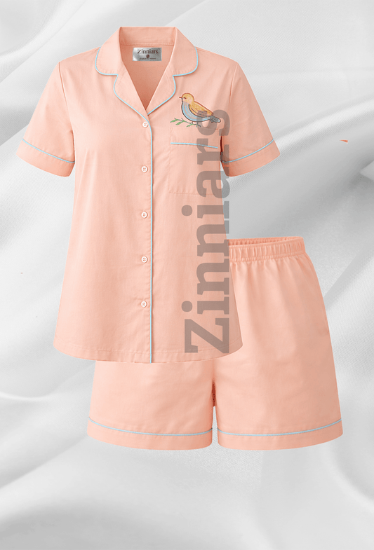 Mehar Birdie | Cotton Satin Co-ord Set – Hand-Painted Sparrow Shirt & Shorts in Peach