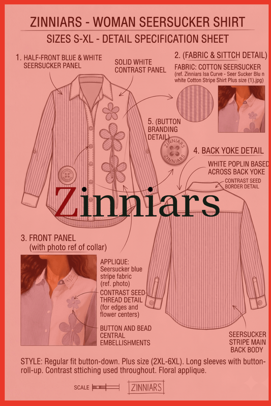 Tisca Floral Appliqué Cotton Blue Stripe Seersucker Shirt