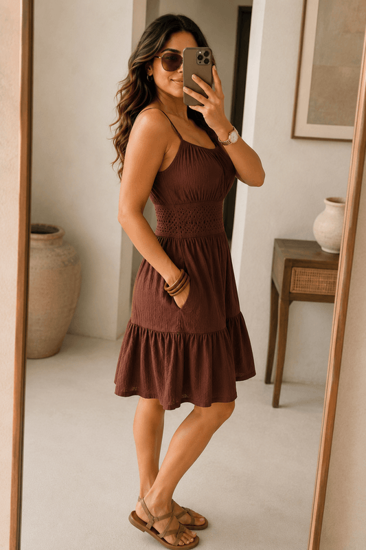 Sherry Brown Smocked Midi Dress in Rayon