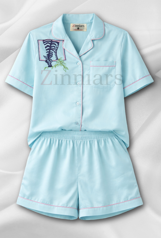 Mehar | Light Blue Hand-Painted Zebra Cotton Satin Co-ord Set for women