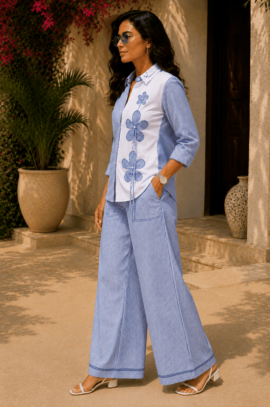 Tisca Seersucker Shirt with Riviera Seersucker Wide Leg Pants Co-ord Set