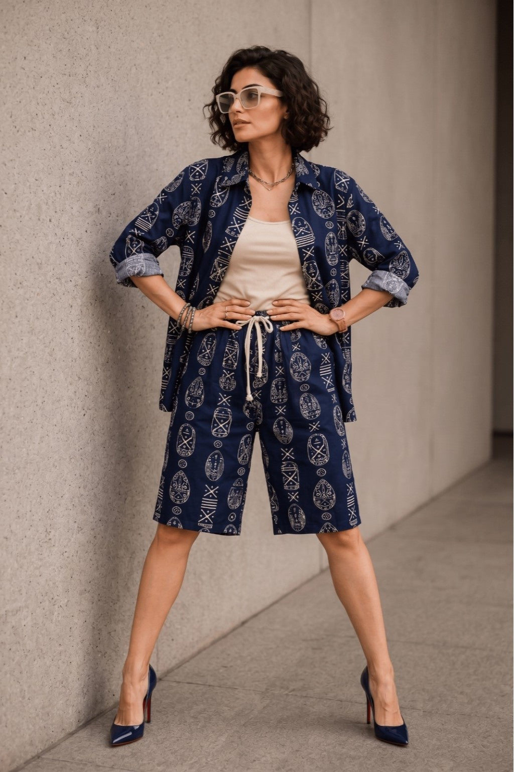 Bashii Printed Cotton Co-ord Set with Full Sleeve Shirt & Knee-Length Shorts NB2