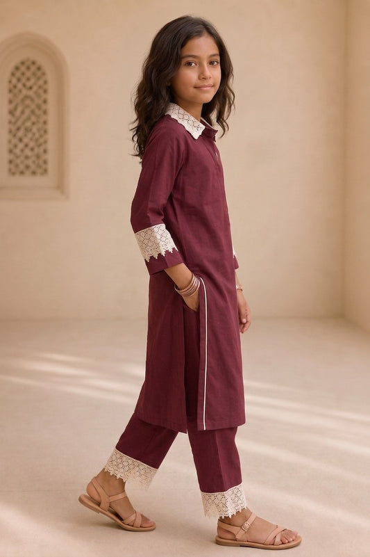 Bubby Mini Maroon Cotton Viscose Lace-Detail Kurta & Palazzo Co-ord Set for Girls