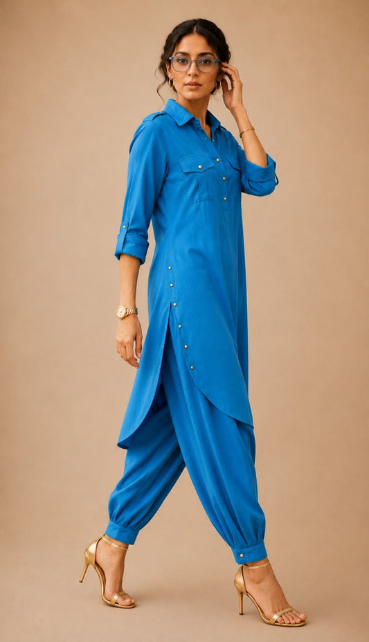 Renu Cobalt Blue Cotton Viscose Kurta & Dhoti Pant Co-ord Set for Women