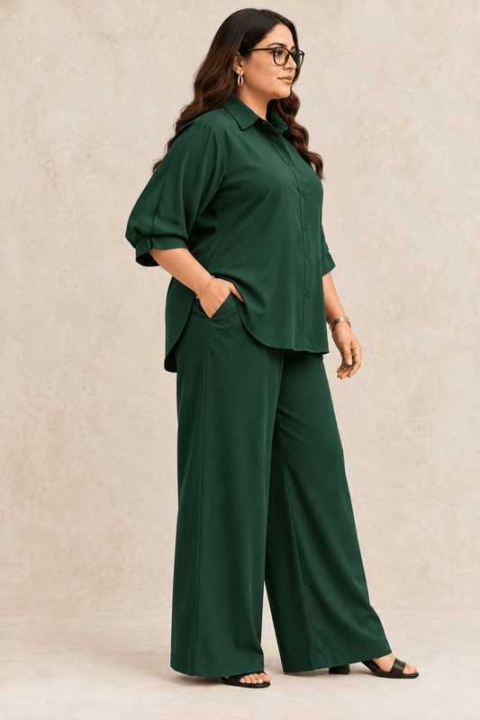 Curve Meenu – Bottle Green Cotton Viscose Woven Shirt & Wide-Leg Trouser Co-ord Set | Zinniars