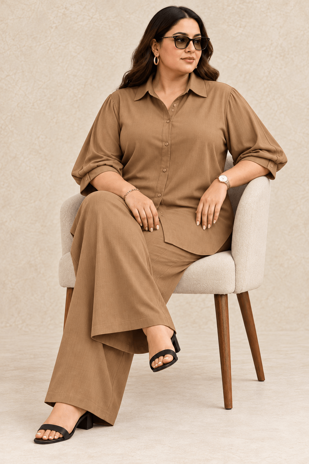 Curve Meenu – Dbeige Cotton Viscose Woven Shirt & Wide-Leg Trouser Co-ord Set| Zinniars