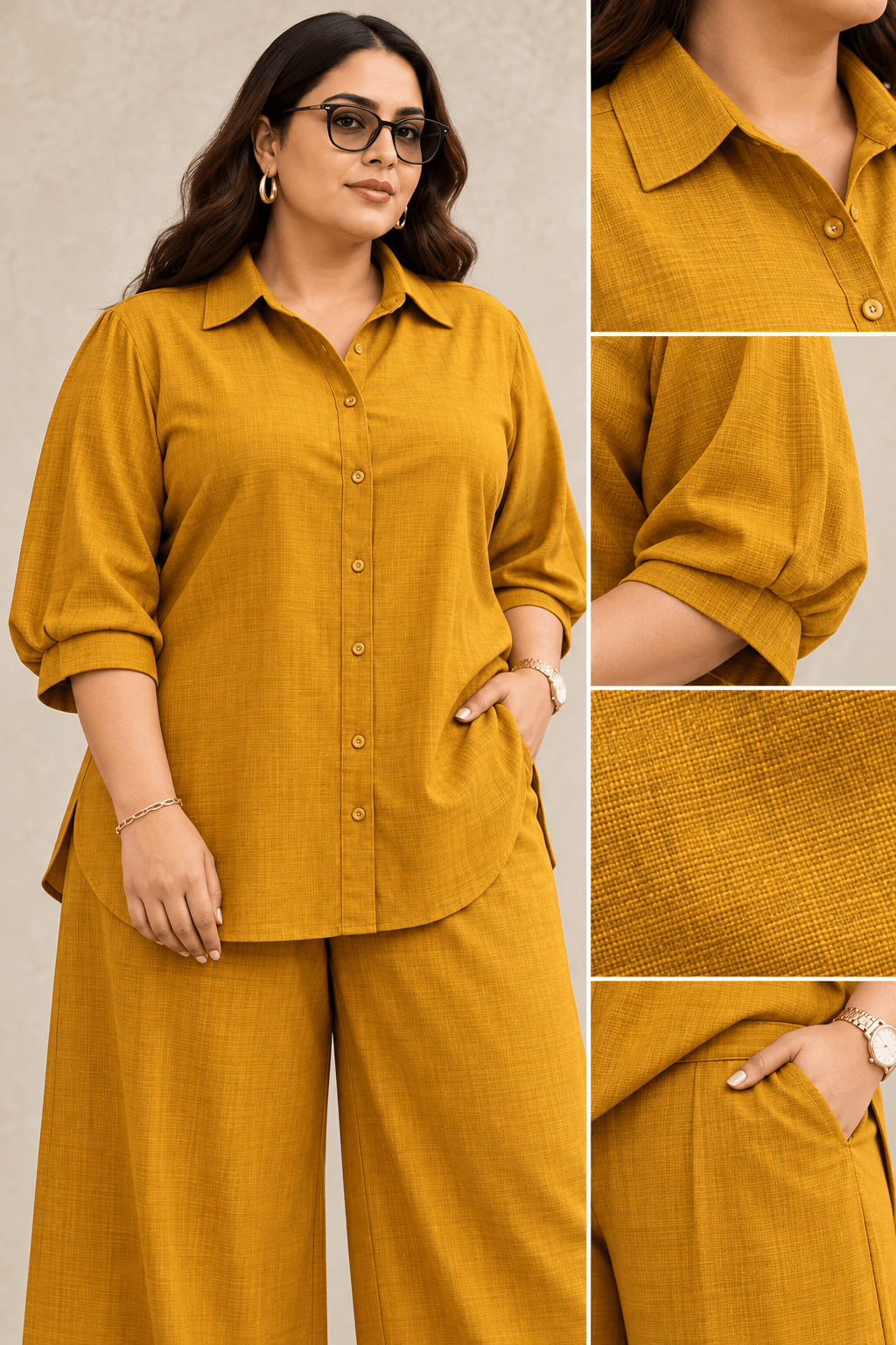 Curve Meenu –Mustard Cotton Viscose Woven Shirt & Wide-Leg Trouser Co-ord Set| Zinniars