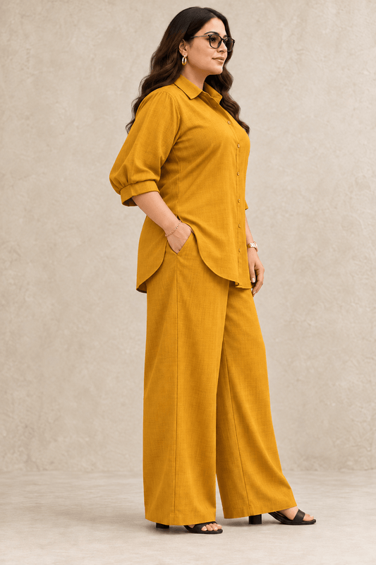Curve Meenu –Mustard Cotton Viscose Woven Shirt & Wide-Leg Trouser Co-ord Set| Zinniars