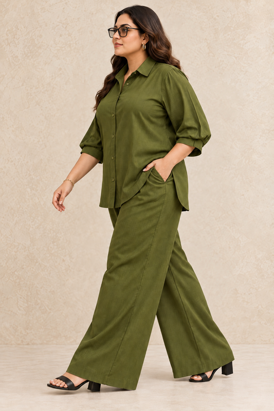 Curve Meenu – OG Cotton Viscose Woven Shirt & Wide-Leg Trouser Co-ord Set| Zinniars