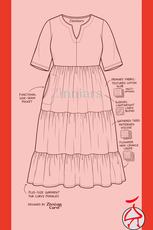 Technical sketch of a Zinniars Curve midi dress with tiered skirt and side-seam pockets.