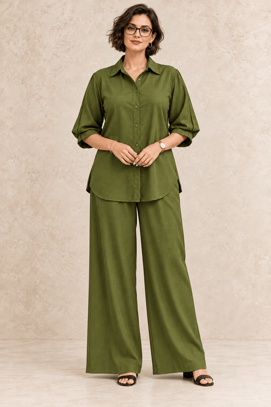 Poonam Olive Green Cotton Viscose Relaxed Co-ord Set | Zinniars