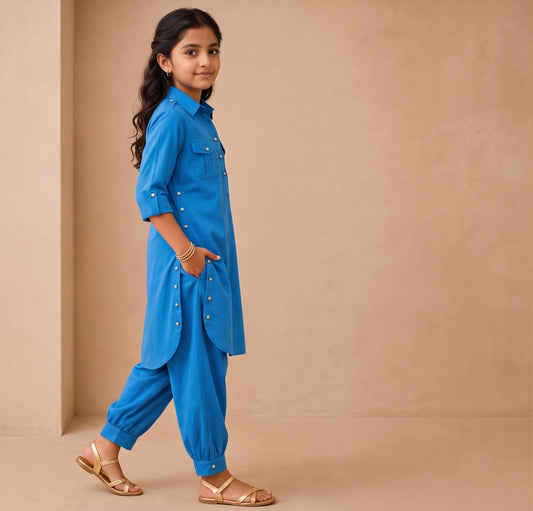 Renu Mini Cobalt Blue Cotton Viscose Kurta & Dhoti Pant Co-ord Set for Girls