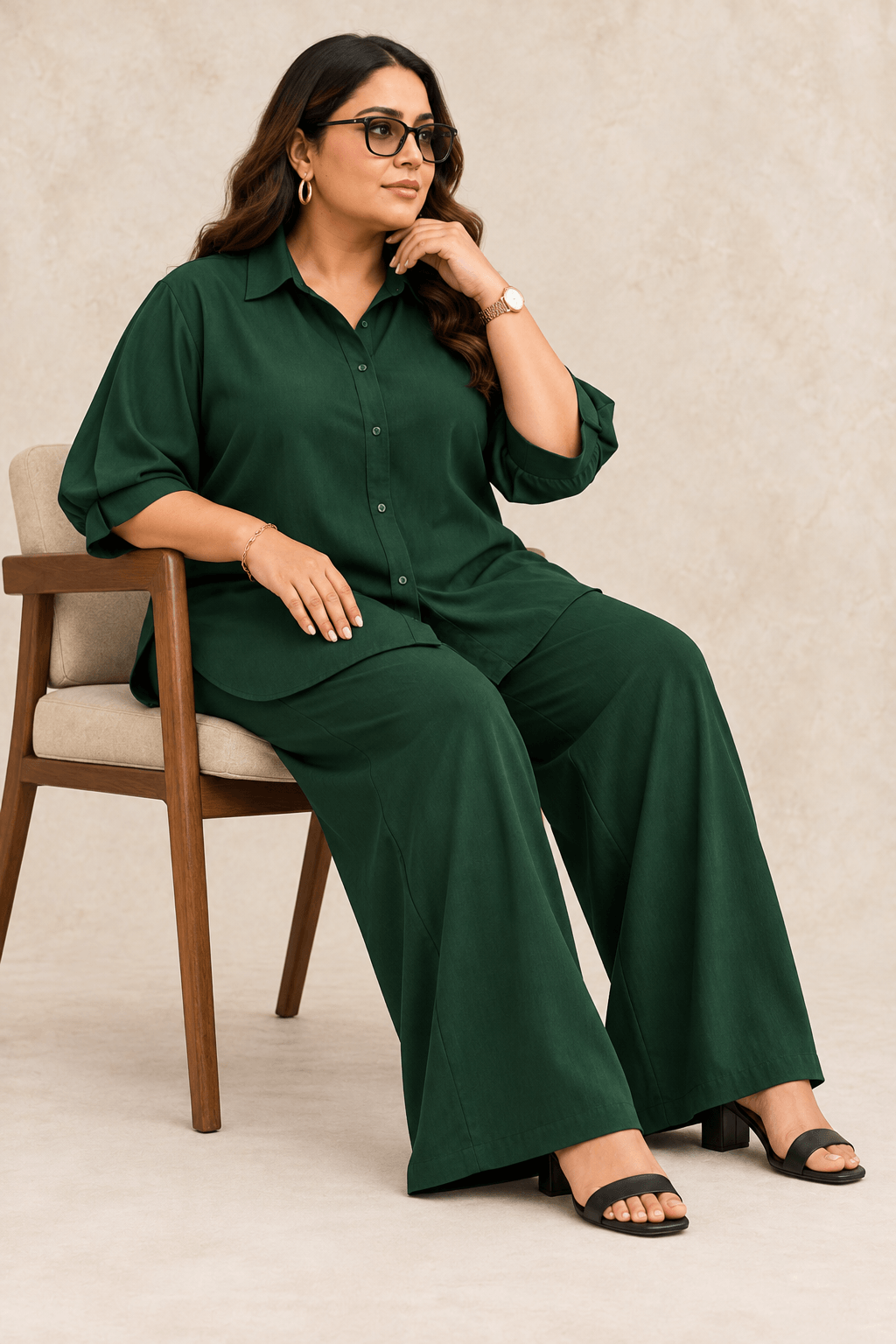 Curve Meenu – Bottle Green Cotton Viscose Woven Shirt & Wide-Leg Trouser Co-ord Set | Zinniars