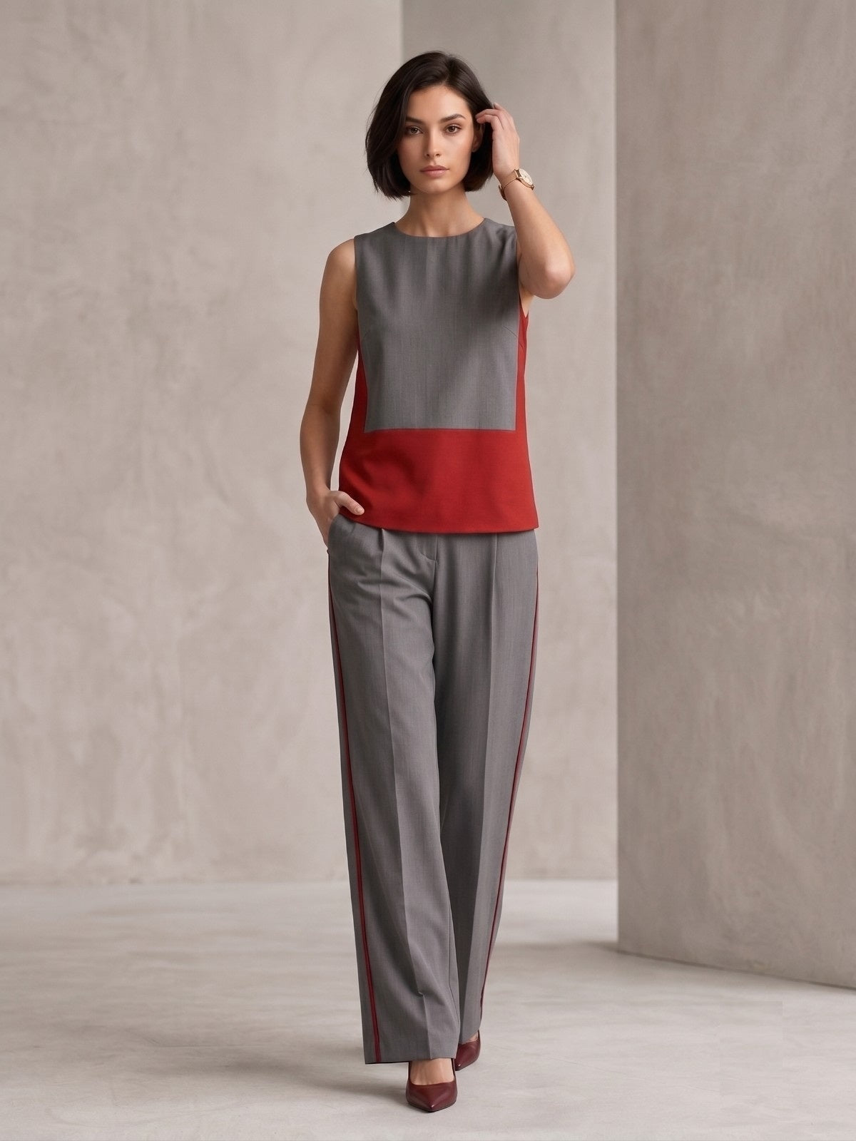Susan España Blended Cotton Viscose Sleeve less Suit Set for Office Wear