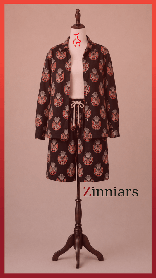 Bashii Printed Cotton Co-ord Set with Full Sleeve Shirt & Knee-Length Shorts blk2
