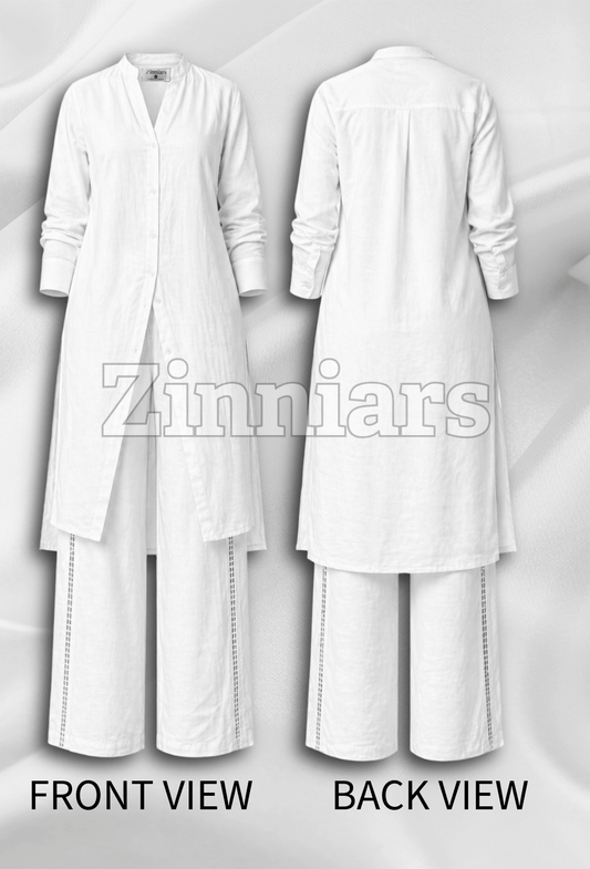 Shukrana White Relaxed-Fit Cotton Linen Ensemble with Lace inserts for Women