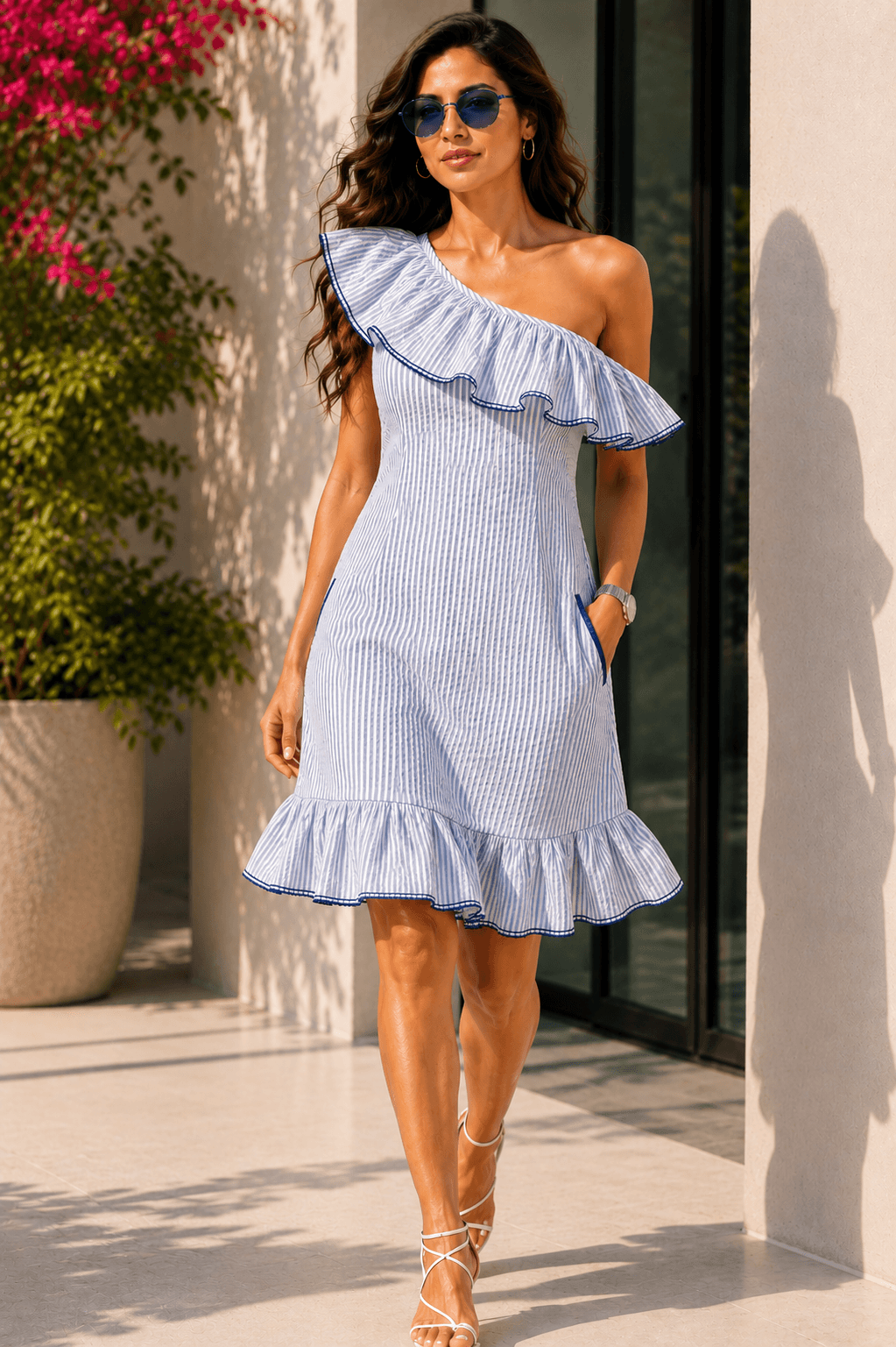 Scala One-Shoulder Cotton blended Blue Stripe Seersucker Dress
