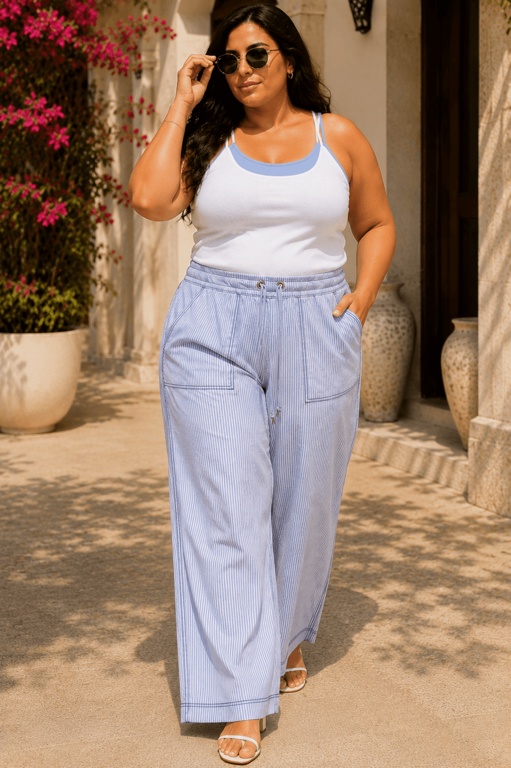 Riviera Curve Cotton Blend Blue Stripe Seersucker Wide-Leg Pajama Pants