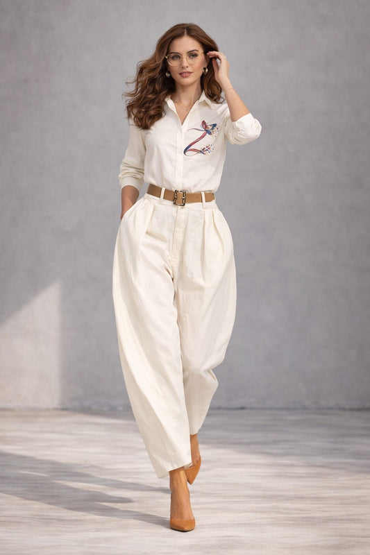 Casper Women Ivory Cotton Resort Set with Hand-Painted Motif High Waist Pants