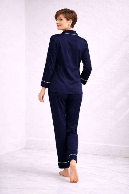 Zenith Navy Blue Hand-Painted Cotton Satin Boardroom-to-Bed Co-ord Set