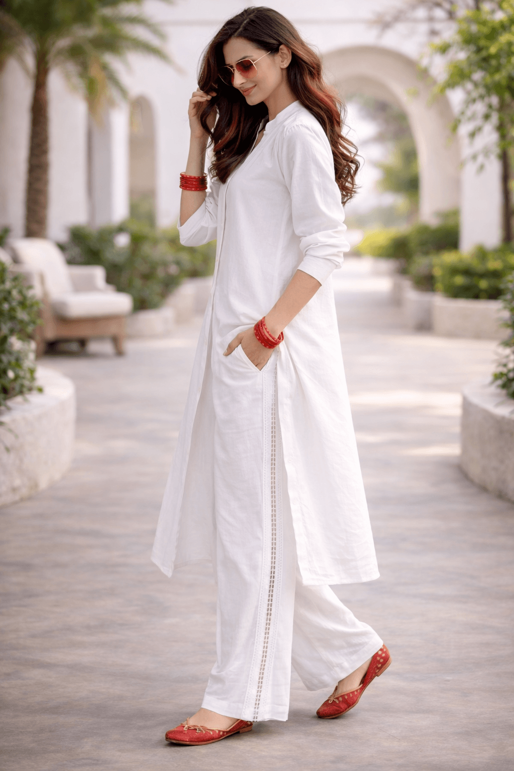 Shukrana White Relaxed-Fit Cotton Linen Ensemble with Lace inserts for Women