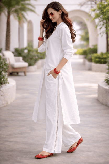 Shukrana White Relaxed-Fit Cotton Linen Ensemble with Lace inserts for Women