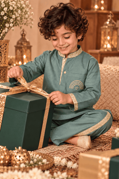 Mini Gaga Sporty Pathani Suit – Sage Green Unisex Festive Set for Kids (2–6 Years)