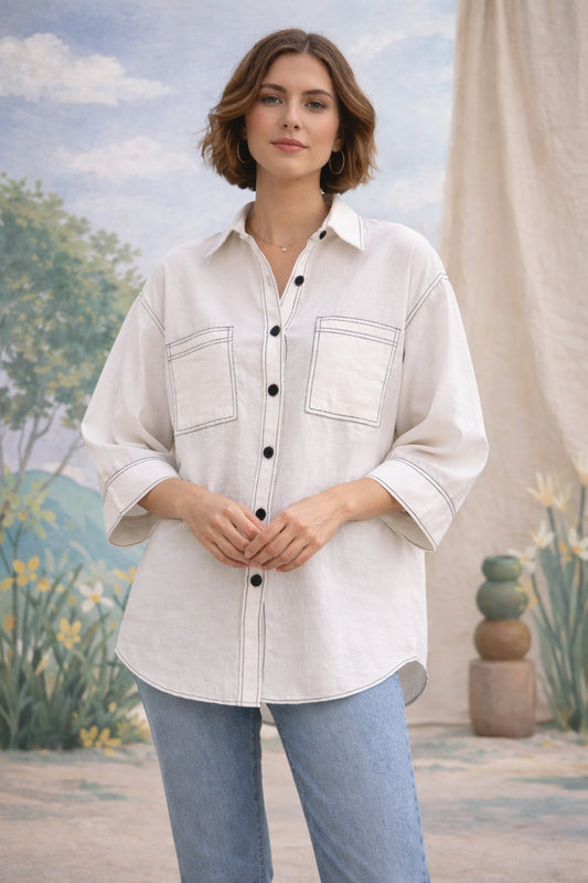Meera | Ivory Cotton Twill Intentionally Relaxed Shirt for Women