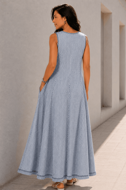 Isabel Cotton Blue Stripe Seersucker Resort Maxi Dress
