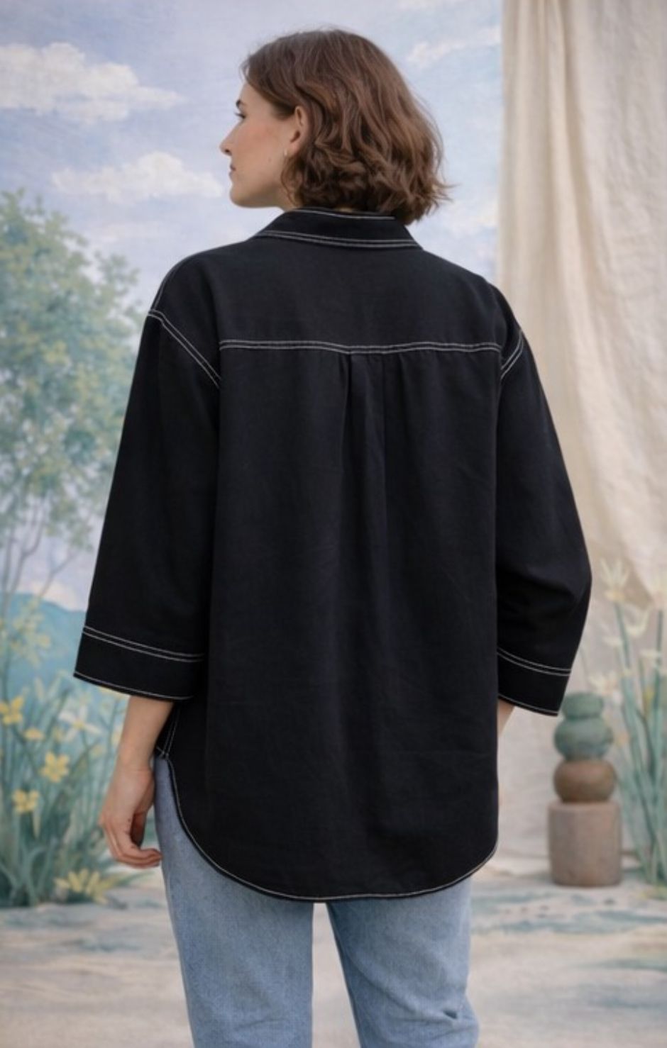 Meera | Black Cotton Twill Intentionally Relaxed Shirt for Women