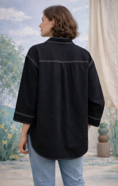 Meera | Black Cotton Twill Intentionally Relaxed Shirt for Women