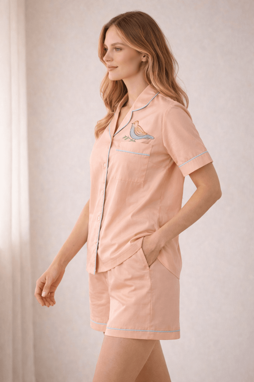 Mehar Birdie | Cotton Satin Co-ord Set – Hand-Painted Sparrow Shirt & Shorts in Peach
