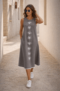 Naira Cotton Linen A-Line Midi Dress in Earthy Grey with Hand Embroidered Motifs