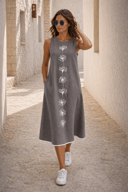 Naira Cotton Linen A-Line Midi Dress in Earthy Grey with Hand Embroidered Motifs