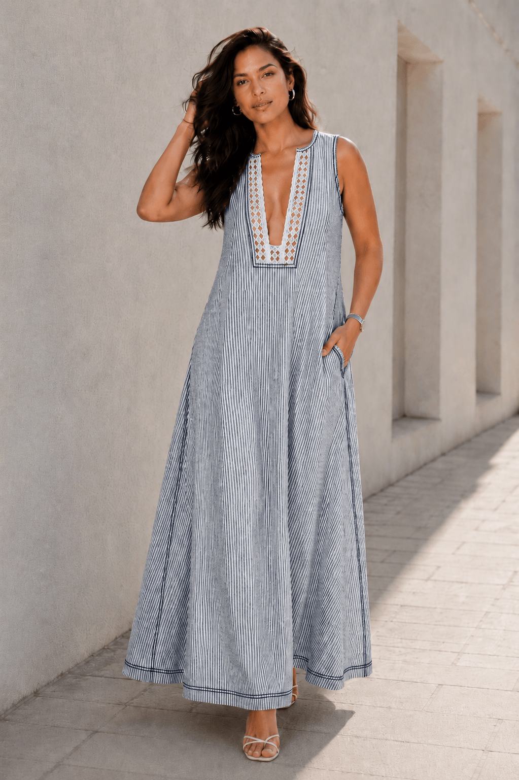 Isabel Cotton Blue Stripe Seersucker Resort Maxi Dress