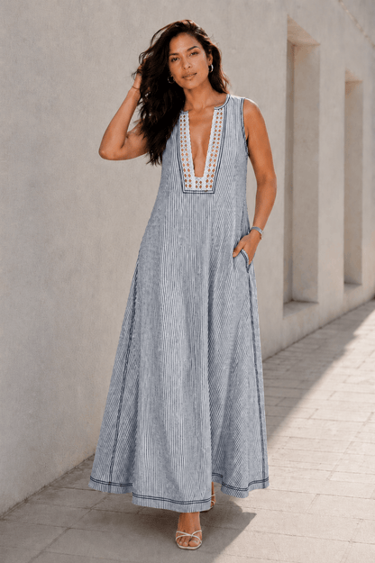 Isabel Cotton Blue Stripe Seersucker Resort Maxi Dress