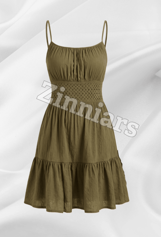 Sherry Olive Green Smocked Midi Dress in Rayon