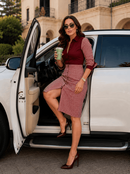 Aire Midi Shirt Dress – Maroon Gingham Cotton