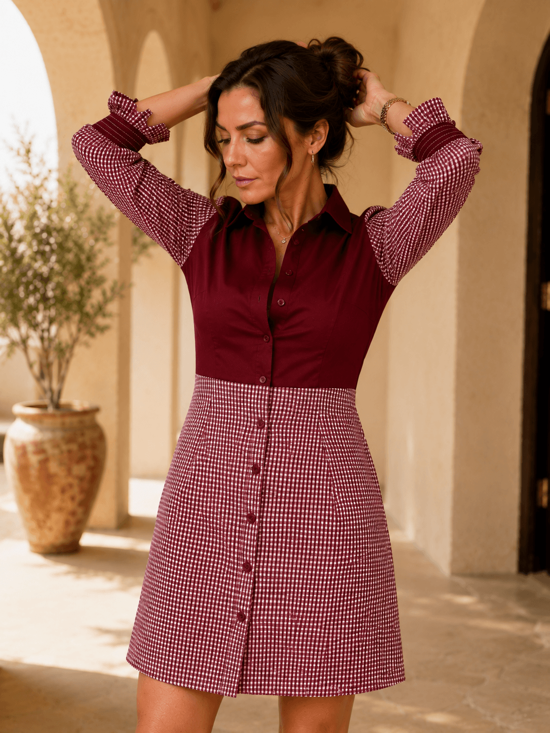 Claire boy friend Shirt Mini Dress – Maroon Gingham Cotton