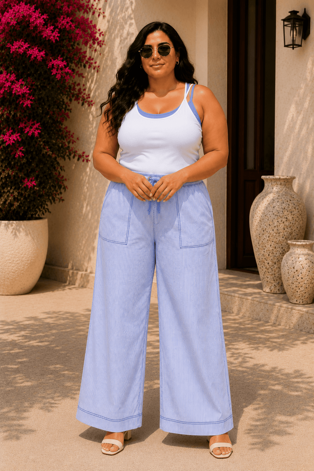 Riviera Curve Cotton Blend Blue Stripe Seersucker Wide-Leg Pajama Pants