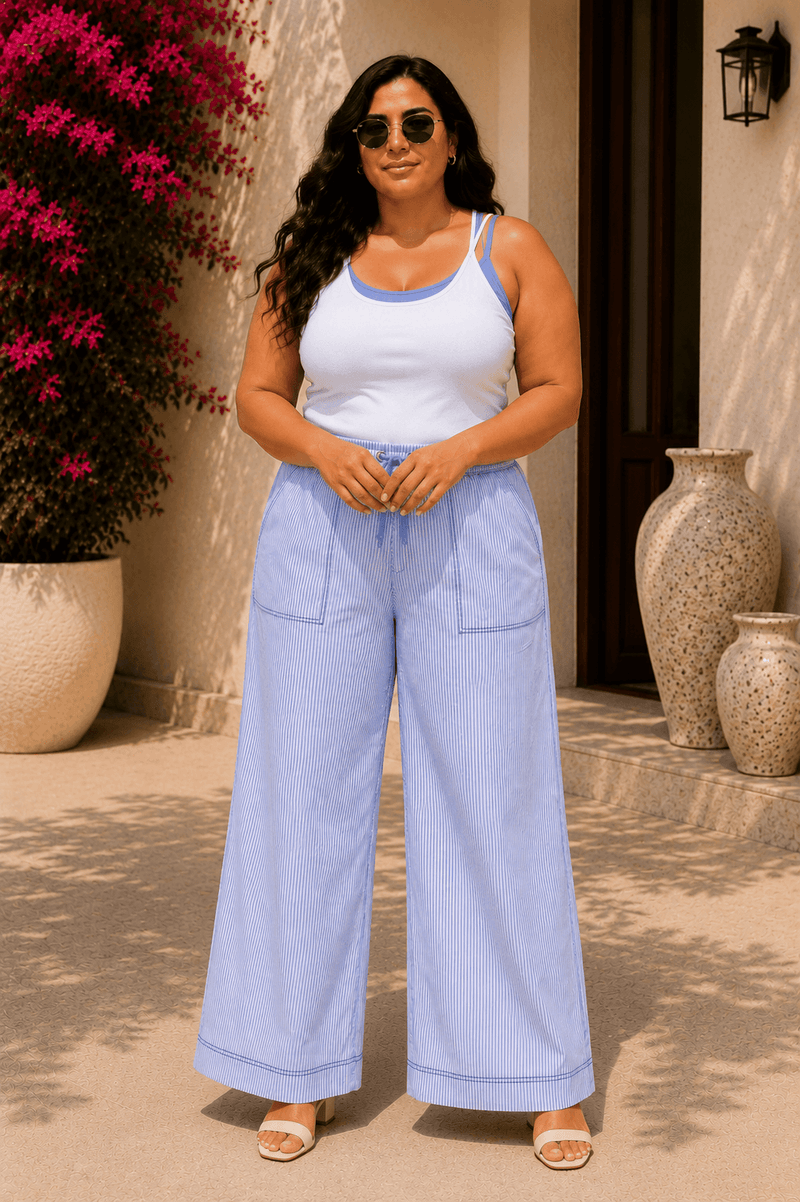 Riviera Curve Cotton Blend Blue Stripe Seersucker Wide-Leg Pajama Pants