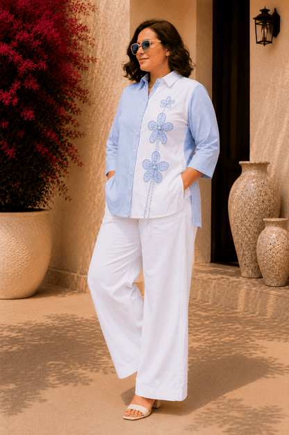 Tisca Curve Seersucker Shirt with Riviera Curve White Wide Leg Pants Co-ord Set