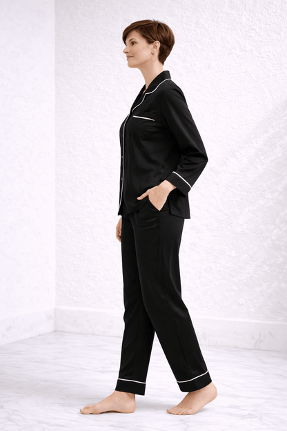 Zenith Majestic Black Hand-Painted Cotton Satin Boardroom-to-Bed Co-ord Set