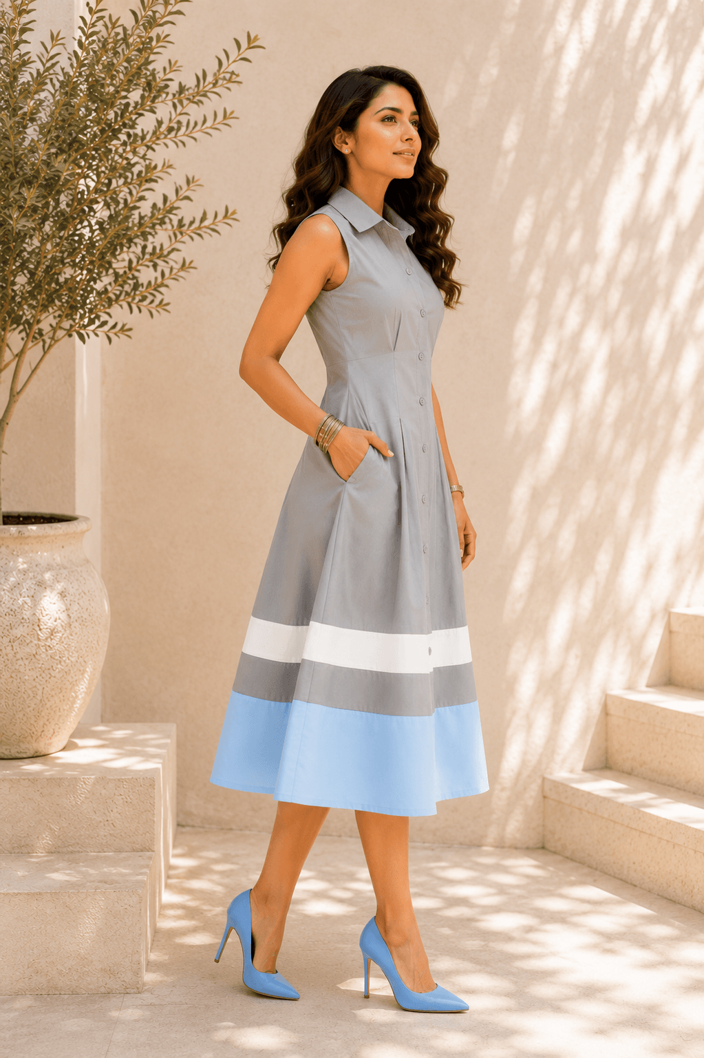 Angelina A-Line Midi Dress – Dove Grey Combo