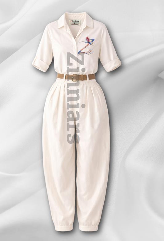 Casper Women Ivory Cotton Resort Set with Hand-Painted Motif High Waist Pants