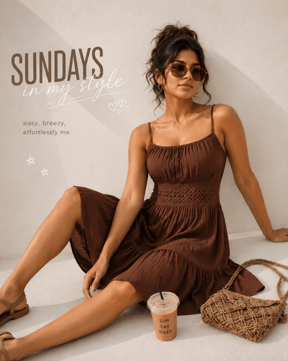 Sherry Brown Smocked Midi Dress in Rayon