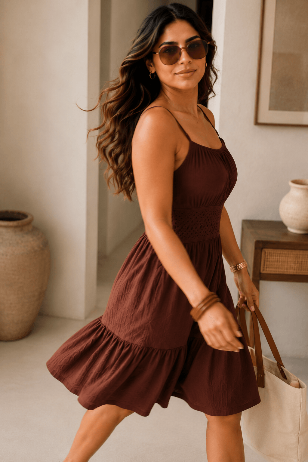 Sherry Brown Smocked Midi Dress in Rayon