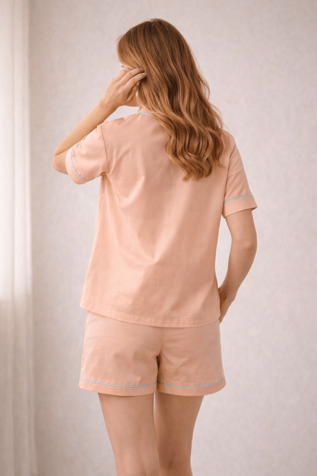 Mehar Birdie | Cotton Satin Co-ord Set – Hand-Painted Sparrow Shirt & Shorts in Peach