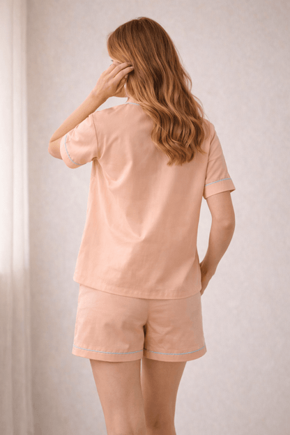 Mehar Birdie | Cotton Satin Co-ord Set – Hand-Painted Sparrow Shirt & Shorts in Peach