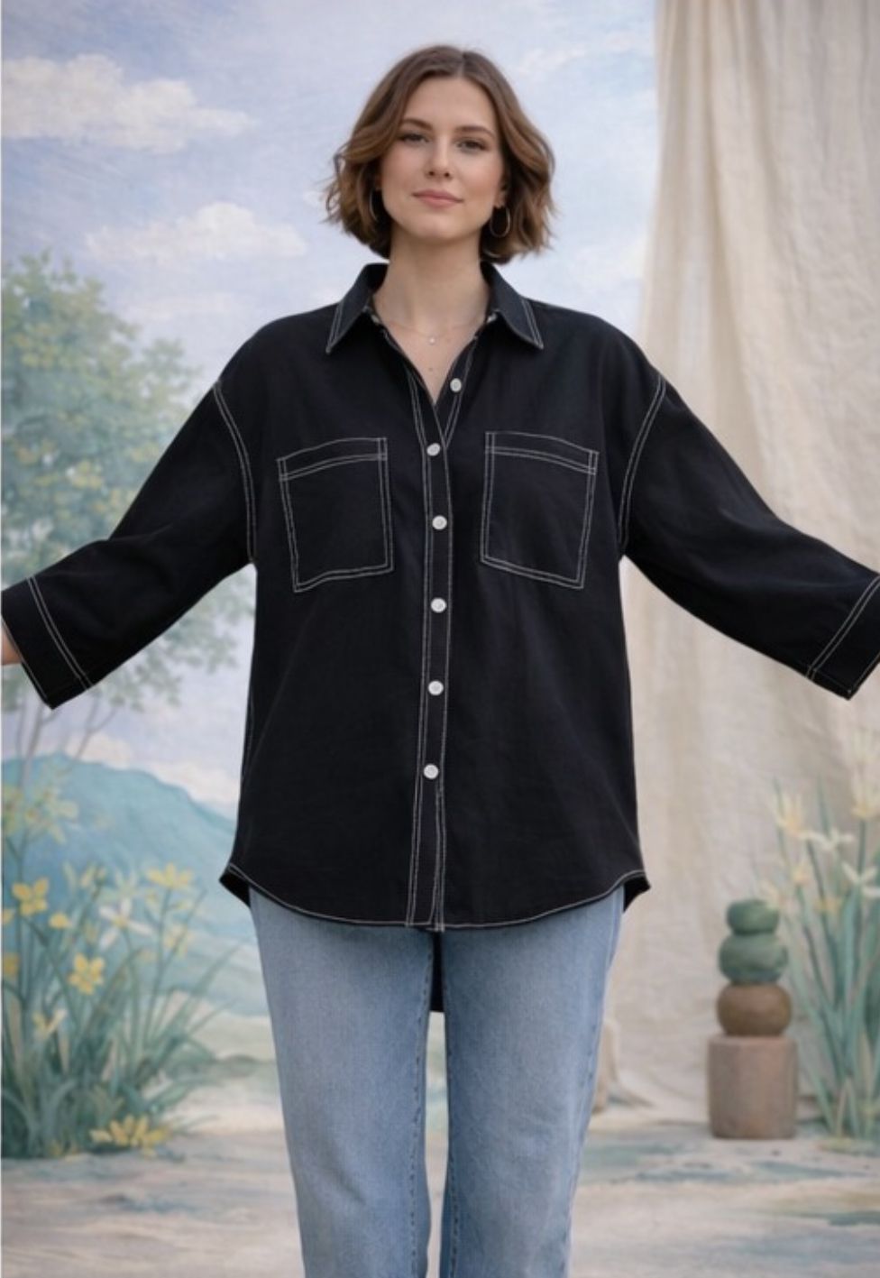 Meera | Black Cotton Twill Intentionally Relaxed Shirt for Women